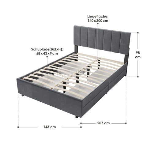 Gestoffeerd Bed Soria - 140 x 200 cm - Donkergrijs - Incl. Bedlades