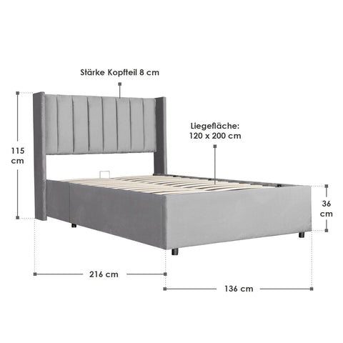 Gestoffeerd bed Savona - 200 x 120 cm - Lichtgrijs - Incl. Bedlade