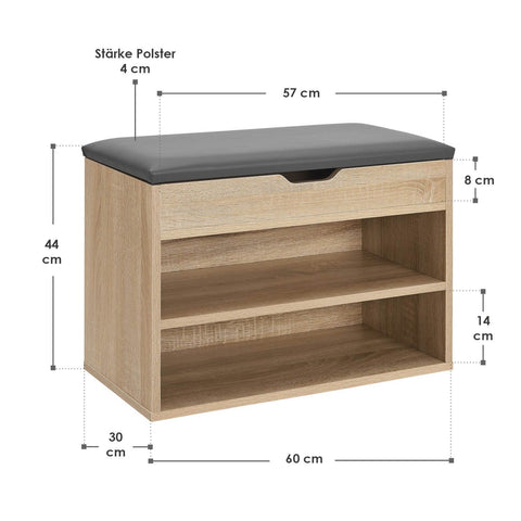 Schoenenkast / schoenenrek 2 vakken - 60 x 30 x 44 cm - Houtkleur - Incl. zitkussen