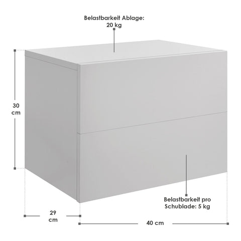 Zwevend Nachtkastje - 40 x 29 x 30 cm - Wit - 2 Lades